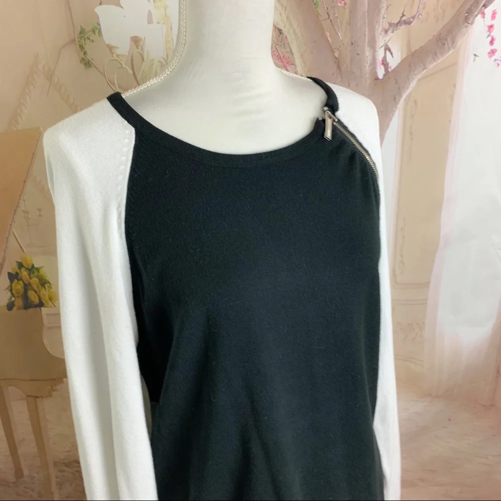 Michael Kors Black White Color block Zipper Sweater